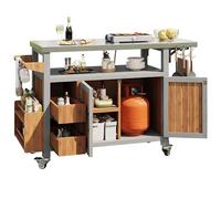 Table d'appoint pour barbecue, meuble de jardin mobile, en bois massif, résistant aux intempéries, plan de travail en acier inoxydable, chariot de barbecue, chariot de service avec étagère latérale