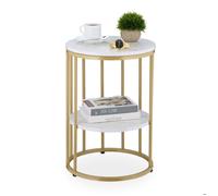 Table d'appoint Relaxdays aspect marbre, 2 étagères, pour salon, métal & MDF, table basse ronde, HxP 57x40 cm blanc/doré