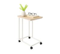 Table d'appoint Relaxdays, roulettes, 68 x 50 x 35 cm, MDF/métal, Forme en C glissable sous Le canapé, Marron/Blanc