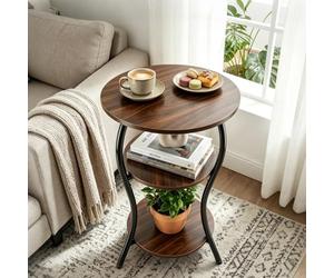 Table d'appoint ronde à 3 niveaux - 40 cm - Table basse ronde vintage avec étagères de rangement en bois, petite table d'angle avec cadre en métal, pour chambre à coucher, salon, petit espace marron