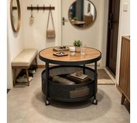 Table d'Appoint Ronde à Roulettes, Table Basse 2 Niveaux avec Panier | Table d'appoint mobile ronde avec plateau motif bois 2mm et roulettes pivotantes 360°.