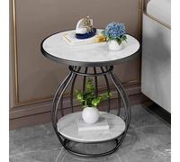 Table d'Appoint Ronde avec Plateau en Pierre Frittée et Structure Métal | Table polyvalente à 2 niveaux avec étagère ouverte pour canapé, coin lecture, chambre et petits espaces