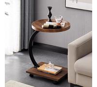 Table d'appoint roulante en forme de C avec roulettes, table basse industrielle, panneau de densité ronde, en métal, pour canapé, salon, chambre à coucher