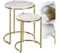TABLE D'APPOINT - TECTAKE - Lot de 2 tables d'appoint ELSA avec plateau en marbre et structure en acier - Blanc/Doré