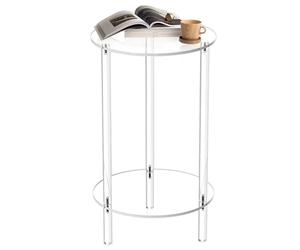 Table d'appoint transparente : cercle de 12 pouces, piédestal avec pieds en métal, bureau décoratif en lucite | Placer des sandwiches, des cocktails, une table de chevet, un canapé, un coin, un vase
