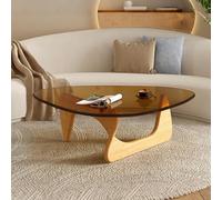 Table d'appoint triangulaire en bois de chêne massif et verre trempé - Table d'appoint minimaliste avec mortaise et tenon, table d'appoint géométrique moderne pour salon, petit espace