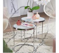 Table d'appoint WOHNLING - Ensemble de 2 tables de salon rondes en verre blanc argent - Dimensions 50x50x50 cm