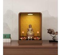 Table d'autel bouddhiste avec tiroir et lumière LED, design minimaliste pour Guanyin, finition noyer, parfaite pour la méditation et les espaces spirituels