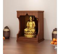 Table d'autel de sanctuaire de statue montée sur mur, étagère d'autel, niche de cabinet de bouddha en bois avec dessin bouddhiste offrant une niche pour Pooja et l'hommage à l'encens