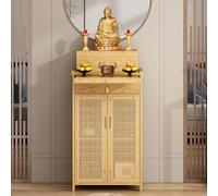 Table d'autel en bambou - Armoire Pooja double couche avec rangement pour sanctuaire de maison, table d'offrande de style chinois