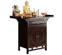 Table d'Autel Sculptée en Bambou avec Armoire et Tiroir, Plateau Élargi et Coins en Nuages, Meuble Feng Shui pour Entrée et Salon (15,74 * 31,49 * 30,7 in)
