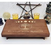 Table d'autel, table de méditation, petite table d'autel en bois, autel de sorcière Wiccan, sanctuaire bouddhiste, phase de lune gravée et arbre de vie sur le dessus de table, 30,5 x 20,3 cm