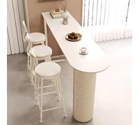 Table de bar asymétrique avec plateau en pierre 160 x 40 x 105 cm, base nervurée pour balcon ou extérieur, chaises non incluses, finition blanche élégante.