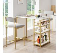 Table de bar avec tabourets rembourré pour 2 Personnes,Table mange debout avec tabourets,3 étagère De Rangement,Ensemble Table haute cuisine pour Petit Espace,Appartement,Ilot central cuisine(Gold)