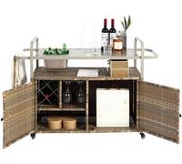 Table de bar d'extérieur avec meuble, desserte en rotin synthétique et tôle d'acier, avec seau à glace, roulettes pivotantes à 360°, panier latéral et bac à glace - Convient pour jardin,B