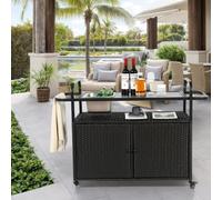 Table de bar d'extérieur - Chariot de jardin - Table de bar d'extérieur avec armoire et bac à glaçons, chariot en rotin PE enroulable, plateau en acier et roues - Chariot de cuisine pour terrasse