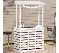 Table de bar d'extérieur en bois de pin massif avec toit blanc, 2 étagères de rangement, idéale pour jardin, terrasse, repas en famille ou apéritif entre amis, dimensions 112.5x57x195.5 cm