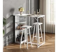 Table de bar Effet Marbre avec 2 Tabourets,Ensemble Table Haute en bois et Rembourré Tabourets,3 étagères,Cadre métallique,Ensemble Table à Mange Cuisine Scandinave pour pour Appartement,Cuisine-Blanc