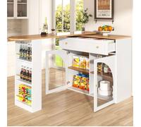 Table de bar extensible à 360° avec rangement, Table haute de cuisine, Buffet avec étagères et vitrine, Blanc