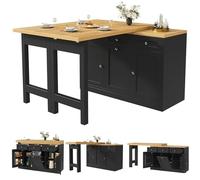 Table de bar extensible de 120 à 200 cm, noire avec rangement | Structure et plateau en MDF, rangements de porte, support pour poubelle non fournie et 3 configurations pour petits espaces