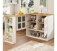 Table de bar extensible multifonctionnelle, avec espace de rangement, 138 x 39 x 102,5 cm, pivotante à 360 °, îlot de cuisine avec étagère à collations et 5 étagères, portes en verre, pour cuisine