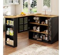 Table de bar extensible multifonctionnelle, avec espace de rangement, 138 x 39 x 102,5 cm, pivotante à 360 °, îlot de cuisine avec étagère à collations et 5 étagères, portes en verre, pour cuisine
