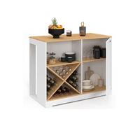 IDMarket – Table de bar îlot VITO 113 cm avec range-bouteilles blanc et plateau façon hêtre