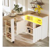 Table de Bar LED Extensible 205×39×100 cm Bar à Manger Rotatif 360° Blanc avec Rangement, Roulettes, Portes et Plateau en Bois