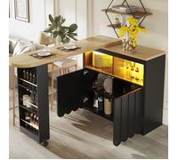 Table de Bar LED Extensible 205x39x100 cm, Bar à Manger Rotatif 360° avec Rangement, Roulettes, Portes et Plateau en Bois - Noir