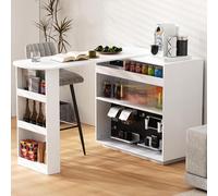Table de bar multifonction avec plateau extensible - Îlot de cuisine autoportant avec éclairage LED - Buffet avec façade en verre et station de charge USB - Bar de maison avec espace de rangement pour