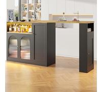 Table de bar pivotante à 360° (corps principal : 198 x 39,6 x 97 cm), armoire noire mate avec bureau en grain de bois, avec porte en verre et buffet, armoire à vin, coin café