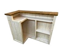 Table de bar rustique en forme de L 140 cm x 80 cm x 102 cm personnalisable, fabriquée à la main, finition brûlée (gauche) pour intérieur/extérieur