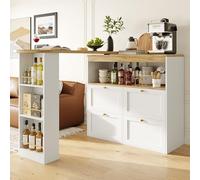 Table de bar - Table haute extensible et pivotante à 360° - Avec 4 tiroirs et étagères ouvertes - Pour bar, cuisine, salon, salle à manger - Blanc