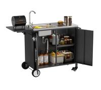 Table de barbecue avec évier intégré, îlot de cuisine extérieur avec plan de travail rabattable, chariot BBQ en métal avec armoire de rangement et roulettes, desserte pour jardin, terrasse et cour