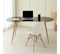 Table de bureau noire avec plateau en verre trempé et pieds en acier effet bois - 140 x 70 x 74 cm - Design moderne et élégant