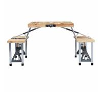 Table de Camping Pliable 4 Places avec Sieges, Acier Aluminium Bois Sapin | Structure pliable seconde, mallette transport, trou parasol, usage jardin terrasse, rangement compact