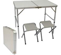 Table de Camping pliable réglable en hauteur 90x60x70cm incl 2 Tabourets pliants format mallette Gris Clair
