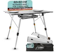 LAWA Living and Lifestyle Table de camping pour 2 personnes - Hauteur réglable jusqu'à 69,5 cm - 92 x 60 cm - Aluminium - 4,4 kg - Légère - Petite taille une fois pliée - Charge maximale : 50 kg -