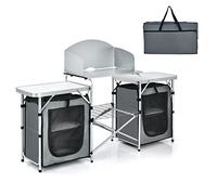Table de camping pliante avec pare-brise et sac de transport, étagère de rangement en maille, pour barbecue, pique-nique, 172 x 48 x 110 cm (noir)