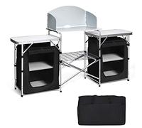Table de camping pliante avec pare-brise et sac de transport, étagère de rangement en maille, pour barbecue, pique-nique, 172 x 48 x 110 cm (noir)