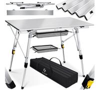 KESSER Table de camping pliable avec cadre en aluminium - Plateau de table enroulable - Hauteur réglable 90 x 53 cm - Jusqu'à 100 kg - Avec sac de transport avec dragonne et sac en filet - Argenté
