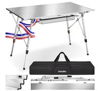 Table de camping - TECTAKE - Table BASTIAN pliable en aluminium, résistante et réglable avec sac, 120 x 70,5 x 58-79 cm - Argent