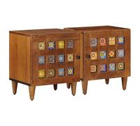 Table de Chevet 2 Pièces Marron 40 x 33 x 46 cm Bois Mango avec Porte sur Charnière, Table de Chevet Rectangulaire pour Chambre à coucher, Meuble de Rangement Compact