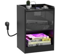 Table de chevet 2 tiroirs 1 niches- Table de nuit et 16 Couleurs Lumières LED/Port USB/Prise d'alimentation- Noir - H 65cm