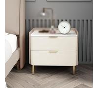 Table de chevet avec double tiroir et pieds fuselés, idéale pour les petits espaces dans la chambre ou le salon.