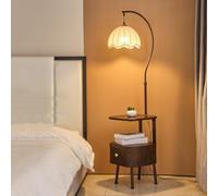 Table De Chevet avec Lampadaire, Lampe D'appoint De Canapé À 3 Niveaux avec Tiroirs, Hauteur Et Angle Librement Réglables, Table D'appoint De Chambre Multifonction(Brown)