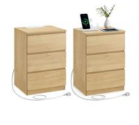 Table De Chevet Avec Multiprise, Lot De 2, Table D'appoint Avec 3 Tiroirs, 2 Prises Ca, 2 Ports Usb, Pour Salon