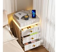 Table de Chevet avec Prise Électrique, 2AC 2USB Table de Nuit Bois avec Bluetooth RGB Éclairage LED, 3 Tiroirs et Couvercle Coulissant, pour Chambre à Coucher ou Salon, Blanc 35*40*61cm