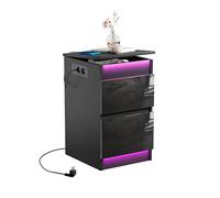 Table de Chevet avec Prise Électrique, Table de Nuit LED RGB Noir avec 2 Tiroirs Brillants et Couvercle Rabattable, 2 Prises CA, 2 Ports USB Table d'Appoint pour Chambre à Coucher Salon, 35 cm Large