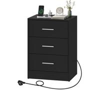 Table de chevet avec prise intégrée - WOLTU - 3 tiroirs - 2 prises AC - 1 port USB - 1 port Type-C - Noir